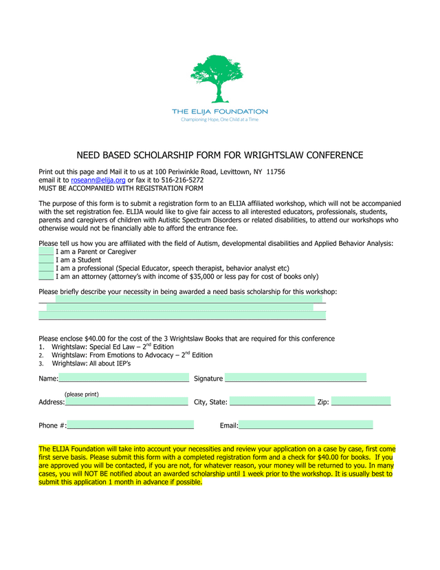 Need Based Scholarship Form For Wrightslaw Conference screenshot