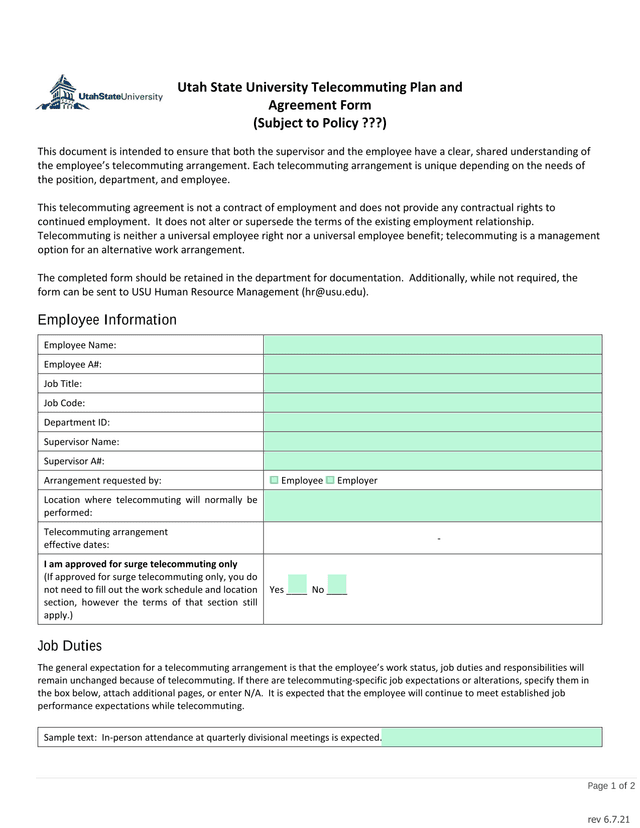 Utah State University Telecommuting Plan And Agreement Form screenshot