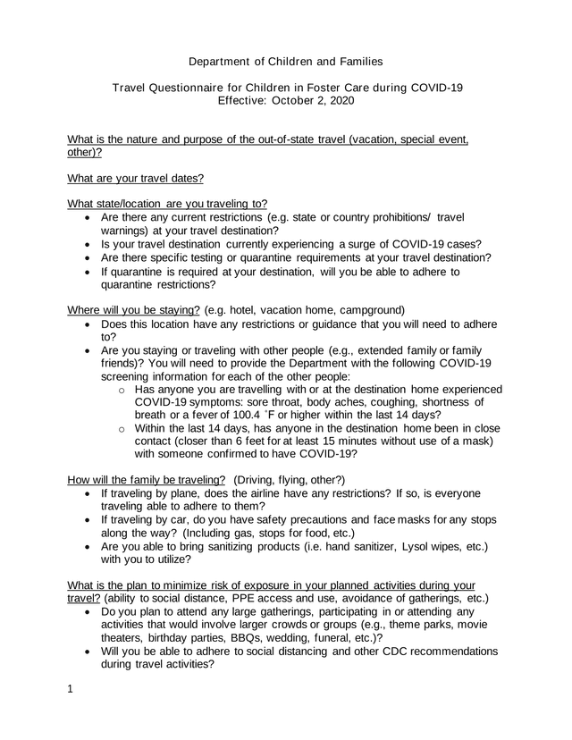 Travel Questionnaire For Children In Foster Care During COVID 19 screenshot