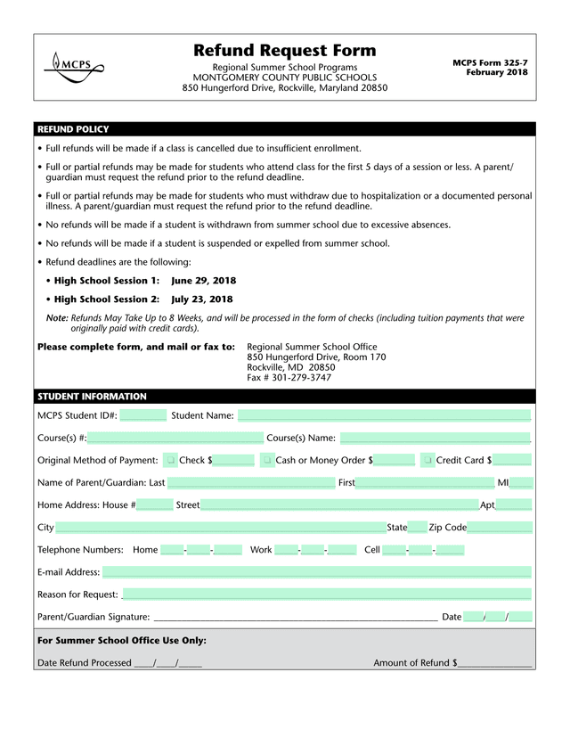 Refund Request Form screenshot
