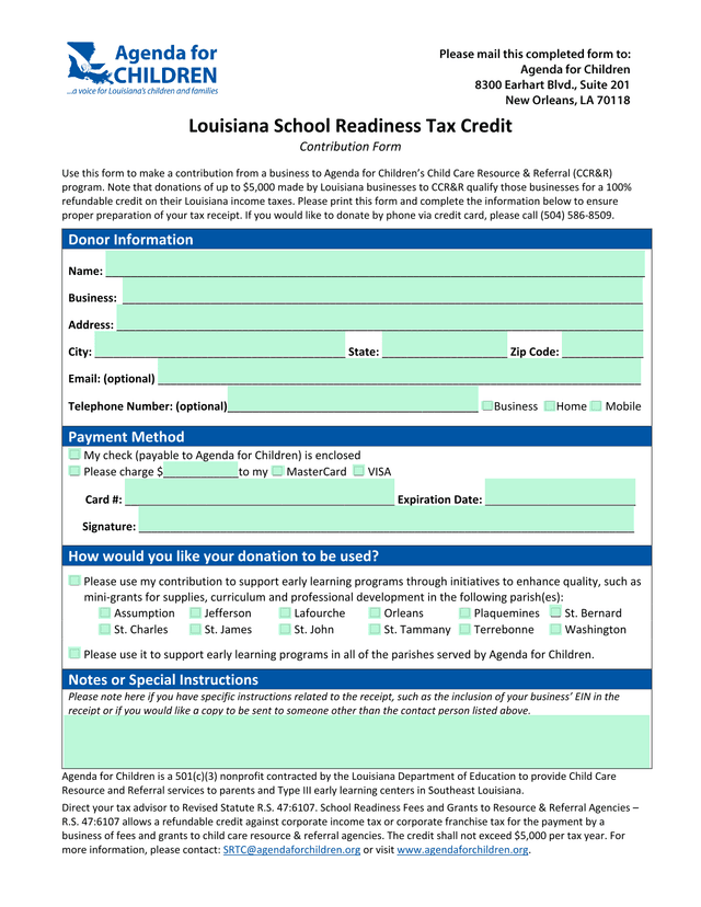 Louisiana School Readiness Tax Credit Contribution Form screenshot