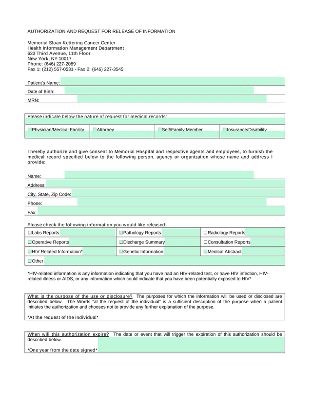 Authorization And Request For Release Of Information screenshot