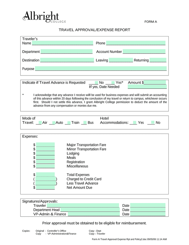 FORM A   TRAVEL APPROVALEXPENSE REPORT screenshot