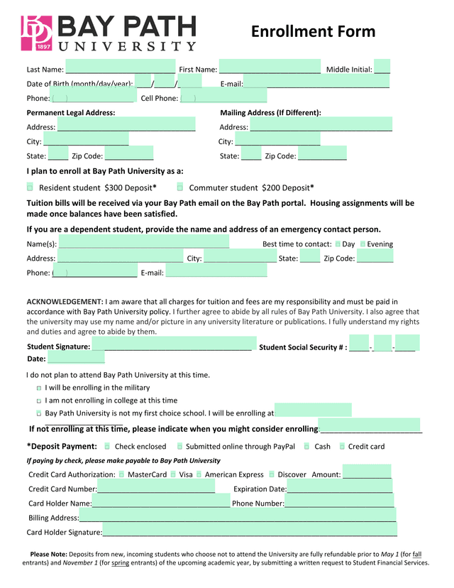 Bay Path University Enrollment Form screenshot