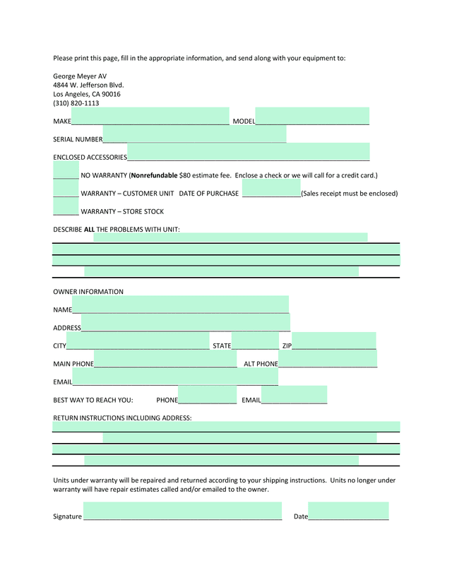 AV Equipment Repair Service Form screenshot
