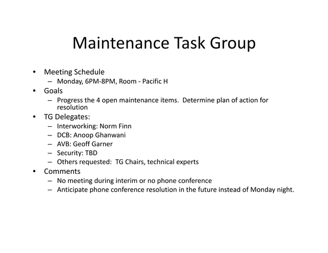 Maintenance Task Group Meeting Schedule screenshot
