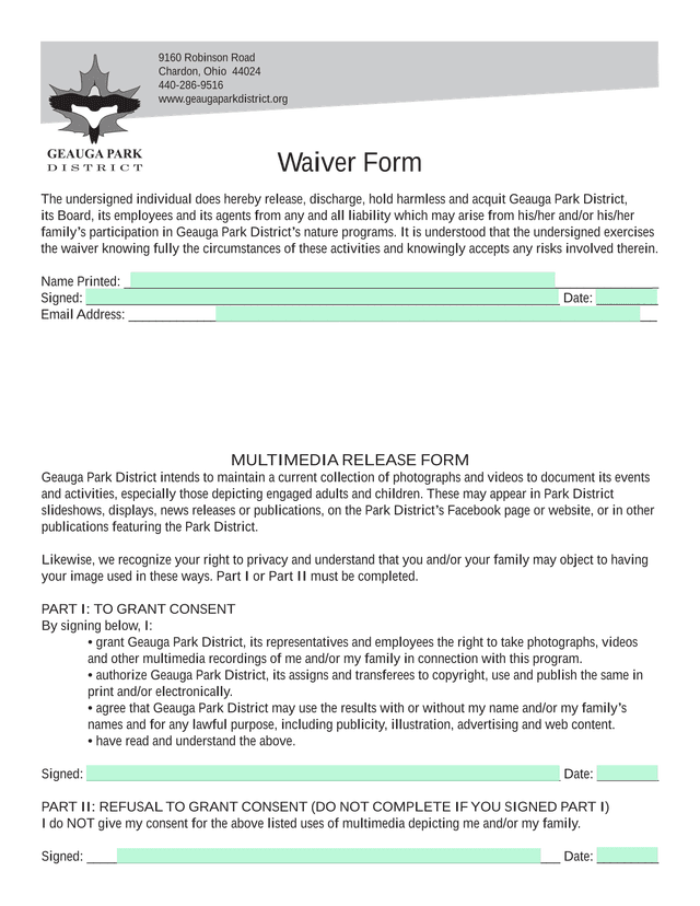 Waiver Form And Multimedia Release Form screenshot