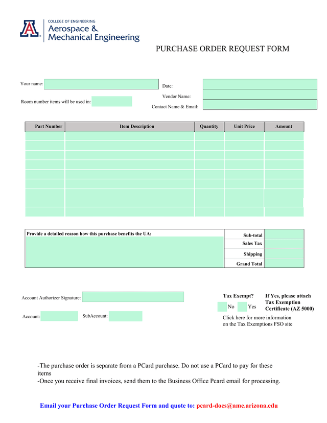 Purchase Order Request Form screenshot