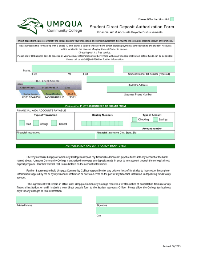 Student Direct Deposit Authorization Form screenshot
