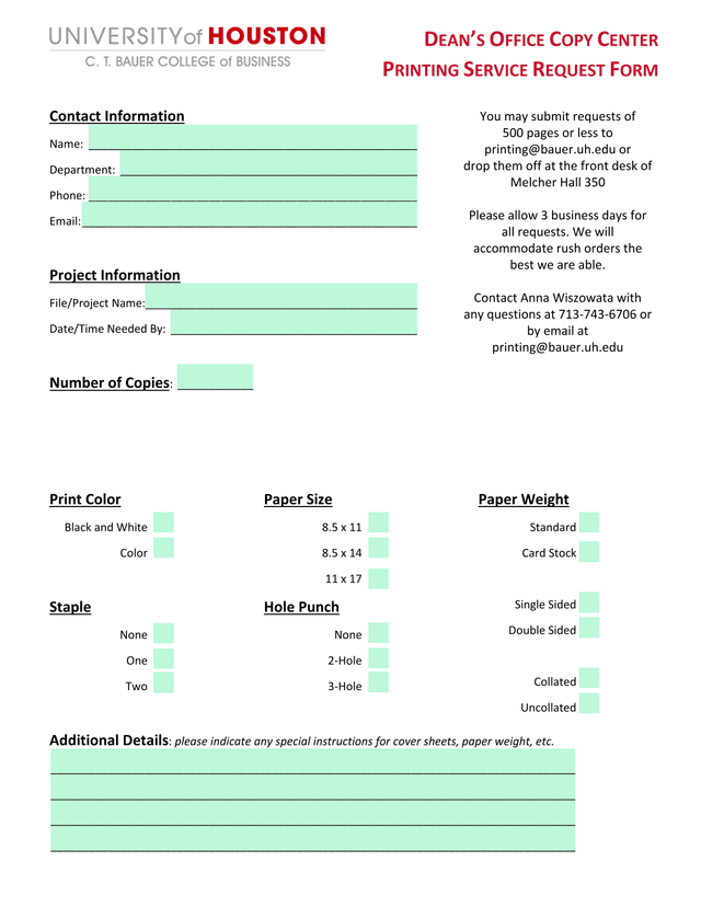 PRINTING SERVICE REQUEST FORM screenshot