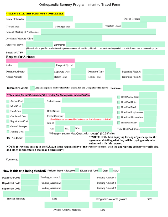 Orthopaedic Surgery Program Intent To Travel Form screenshot