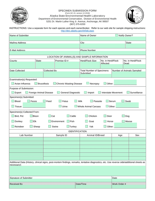Specimen Submission Form (Form SC 15) screenshot