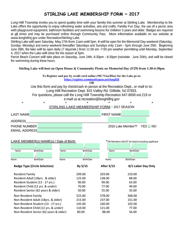Stirling Lake Membership Form 2017 screenshot