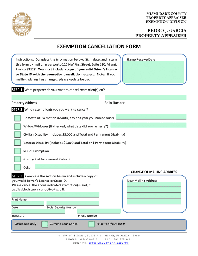 Exemption Cancellation Form screenshot