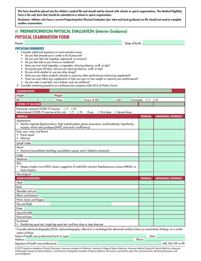 Preparticipation Physical Evaluation (Interim Guidance) Physical Examination Form screenshot