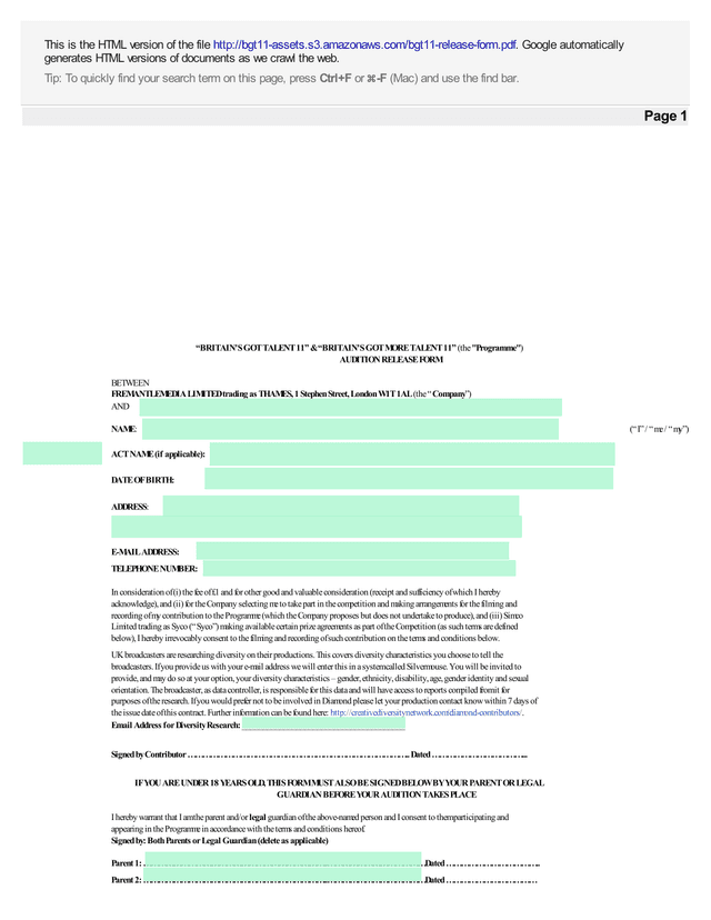 BritainS Got Talent 11 Audition Release Form screenshot