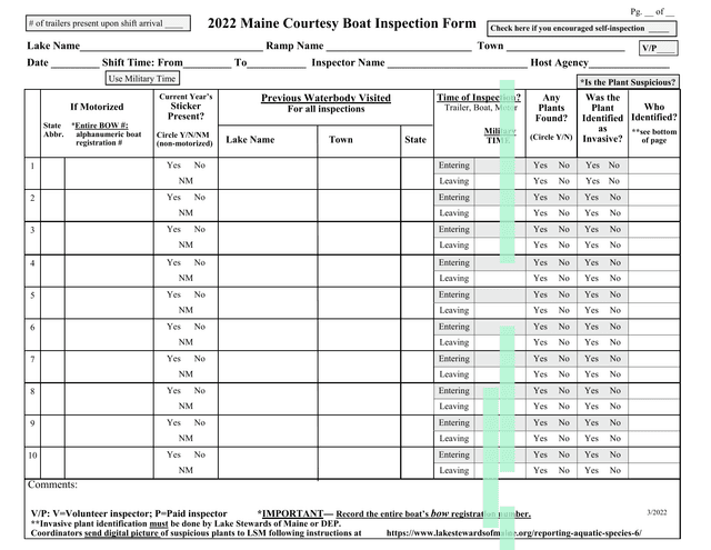 2022 Maine Courtesy Boat Inspection Form screenshot