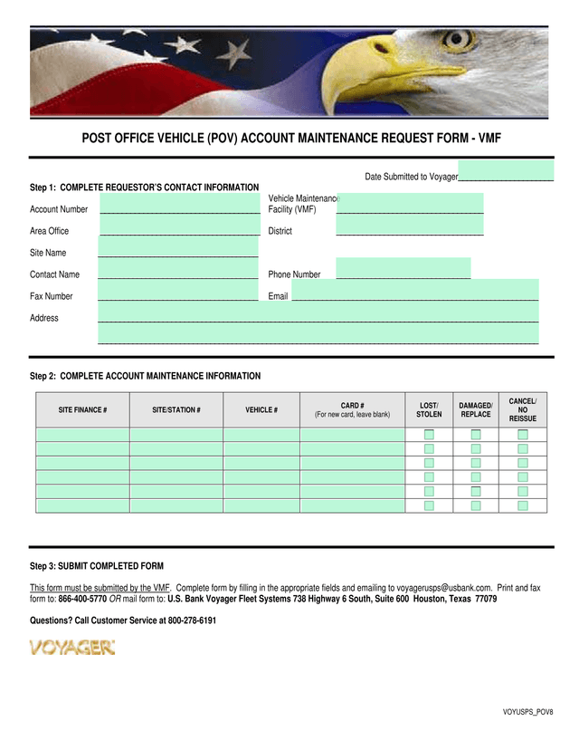 POST OFFICE VEHICLE (POV) ACCOUNT MAINTENANCE REQUEST FORM   VMF screenshot