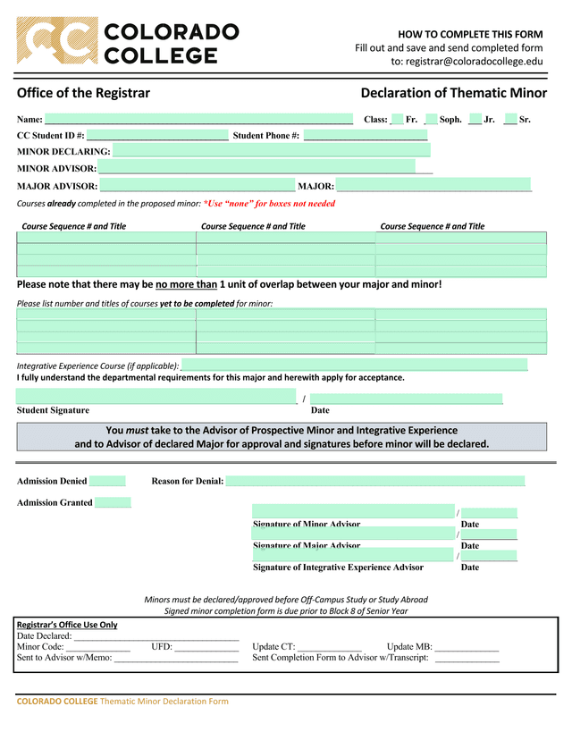 Colorado College Thematic Minor Declaration Form screenshot