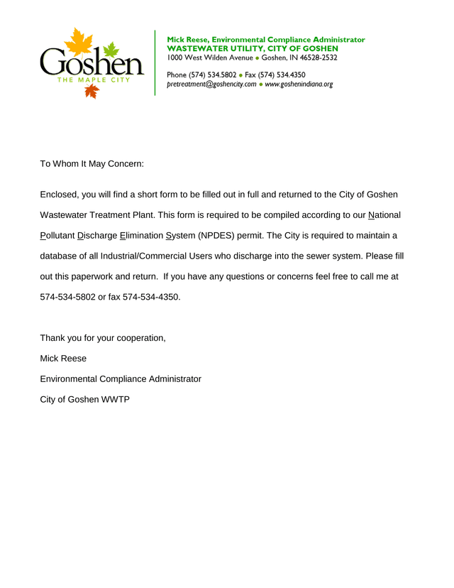 City Of Goshen Commercial Sewer Discharge Form screenshot