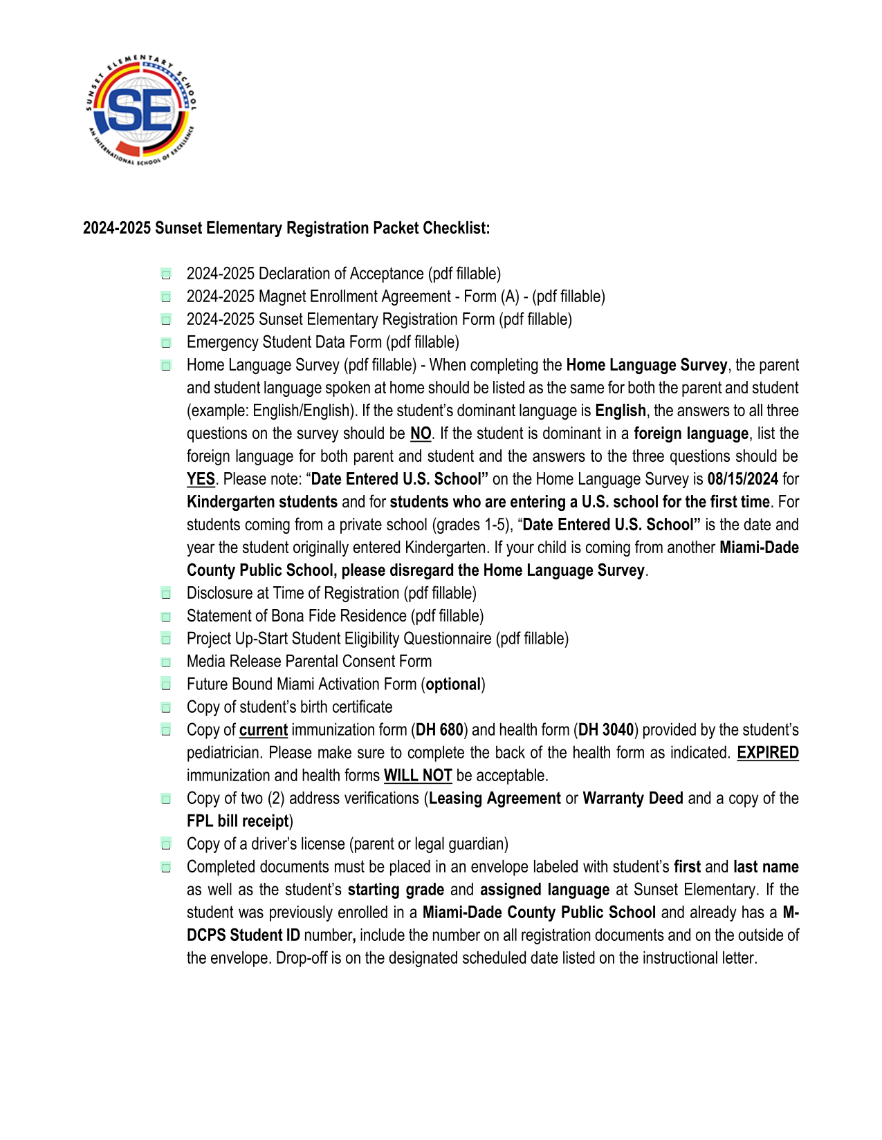 2024 2025 Sunset Elementary Registration Packet Checklist screenshot