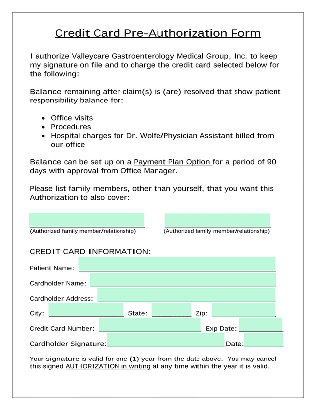 Credit Card Pre Authorization Form screenshot