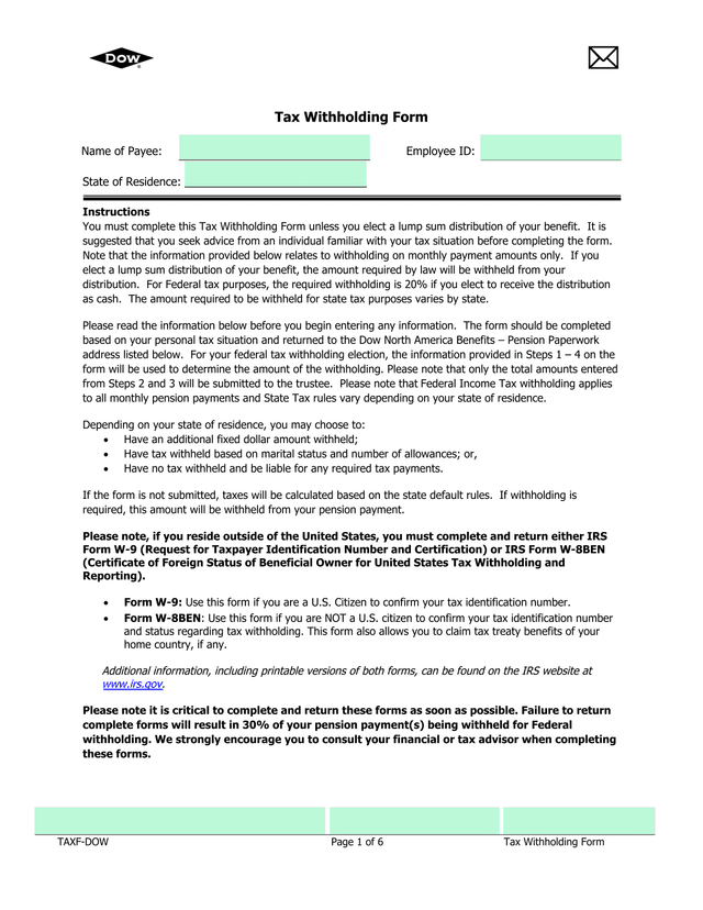 Tax Withholding Form screenshot