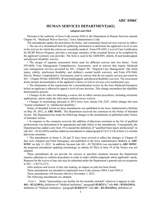 ARC 0306C Medicaid Waiver Services Rule Changes screenshot