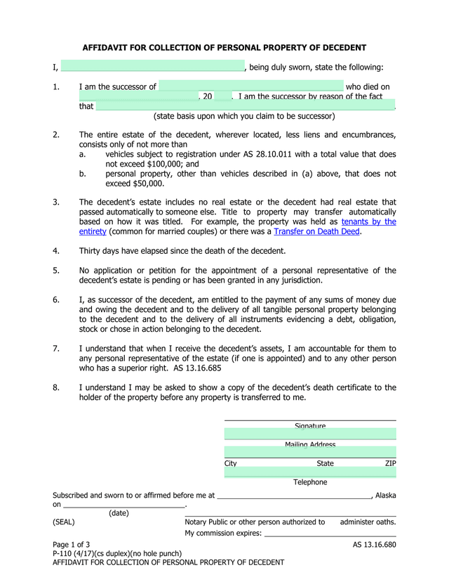 AFFIDAVIT FOR COLLECTION OF PERSONAL PROPERTY OF DECEDENT screenshot