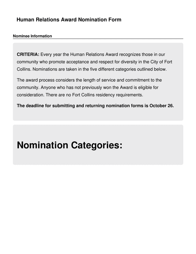 Human Relations Award Nomination Form screenshot