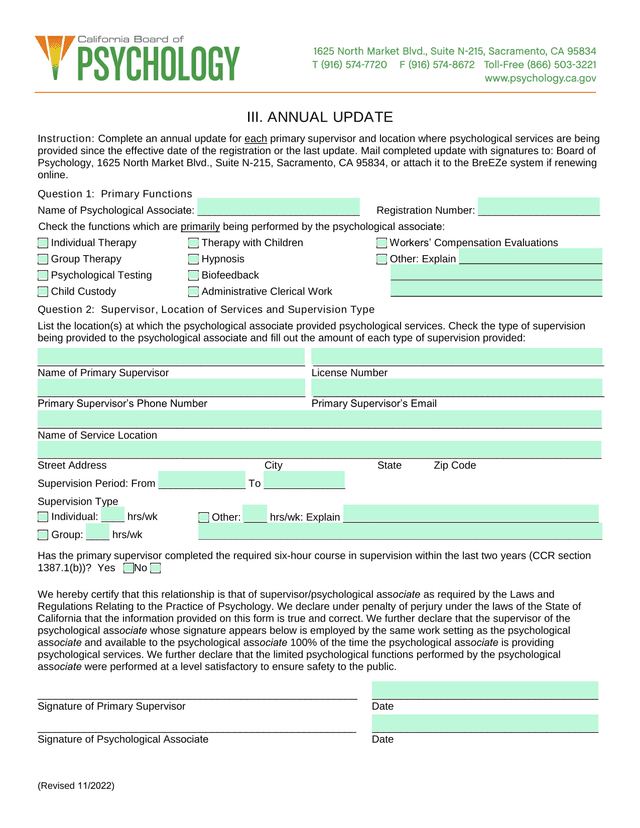 California Board Of Psychology Annual Update Form screenshot