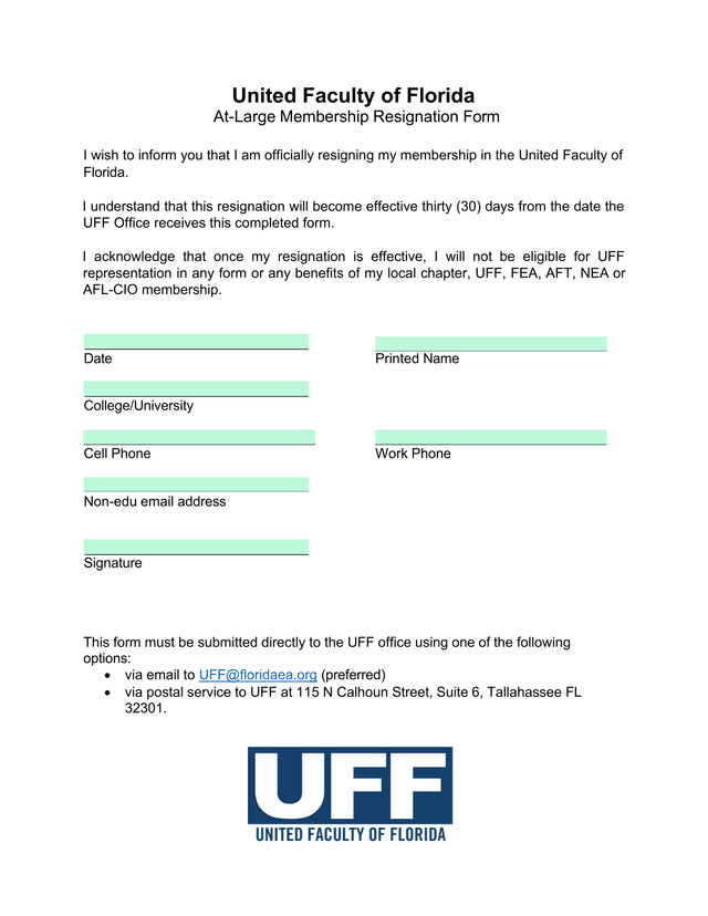 United Faculty Of Florida At Large Membership Resignation Form screenshot