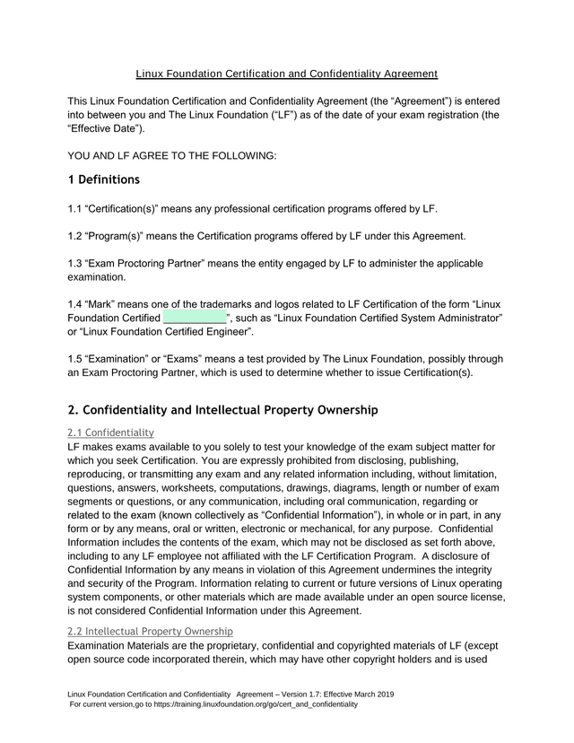 Linux Foundation Certification And Confidentiality Agreement screenshot