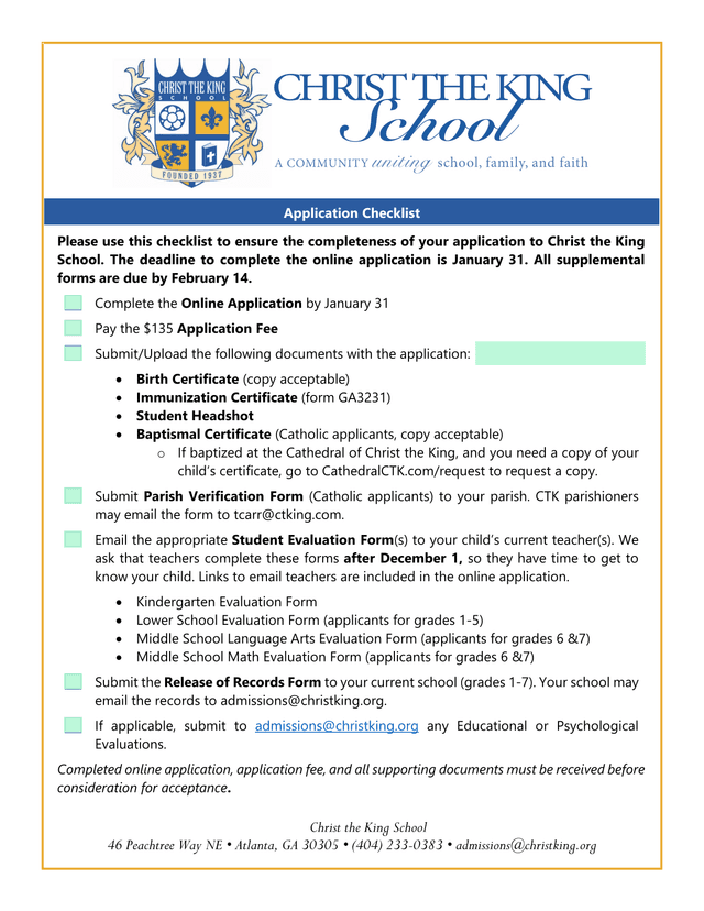 Christ The King School Application Checklist screenshot