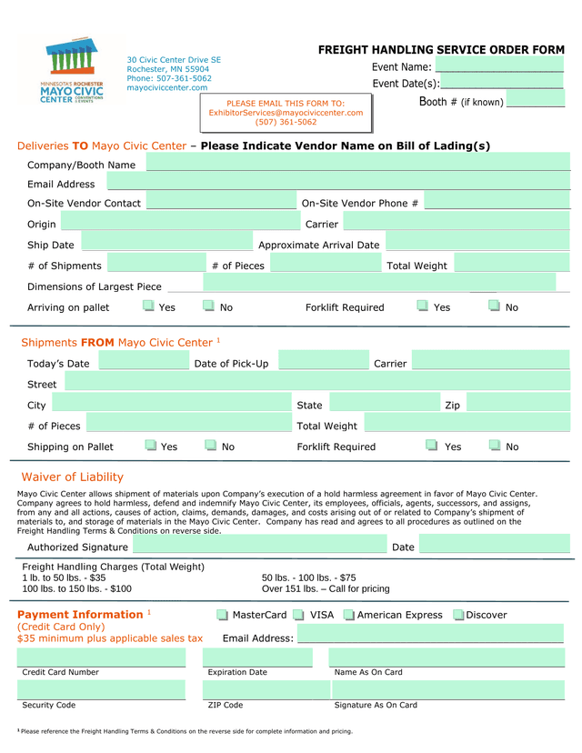 FREIGHT HANDLING SERVICE ORDER FORM screenshot