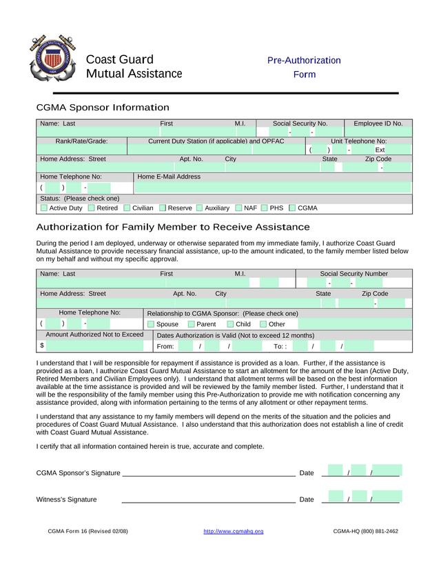 Coast Guard Mutual Assistance Pre Authorization Mutual Assistance Form screenshot