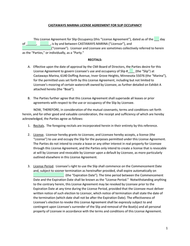 CASTAWAYS MARINA LICENSE AGREEMENT FOR SLIP OCCUPANCY screenshot