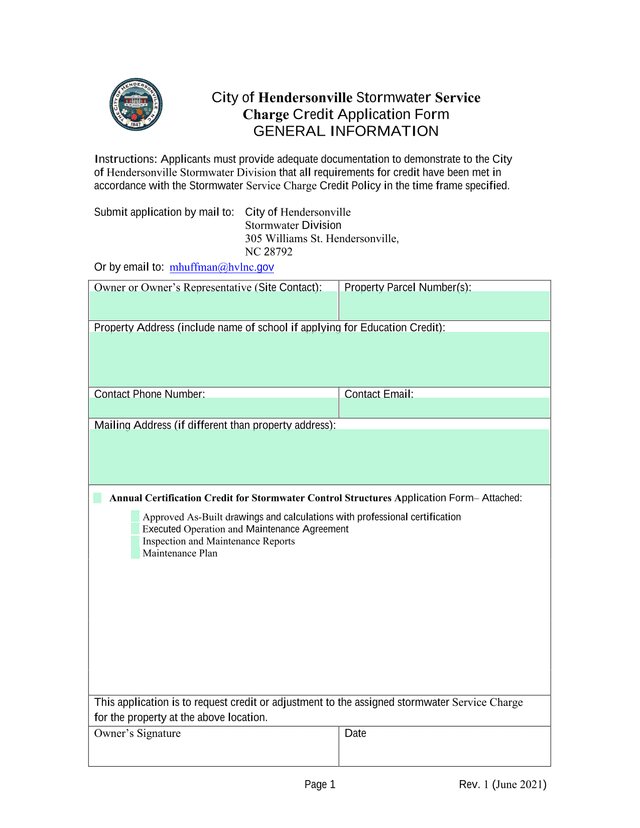 City Of Hendersonville Stormwater Service Charge Credit Application Form screenshot