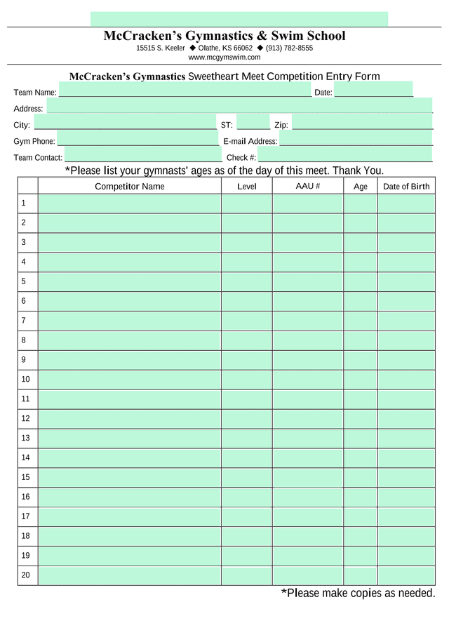 McCrackenS Gymnastics Sweetheart Meet Competition Entry Form screenshot