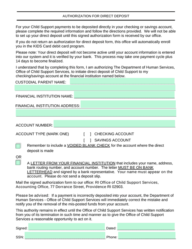 Authorization For Direct Deposit screenshot