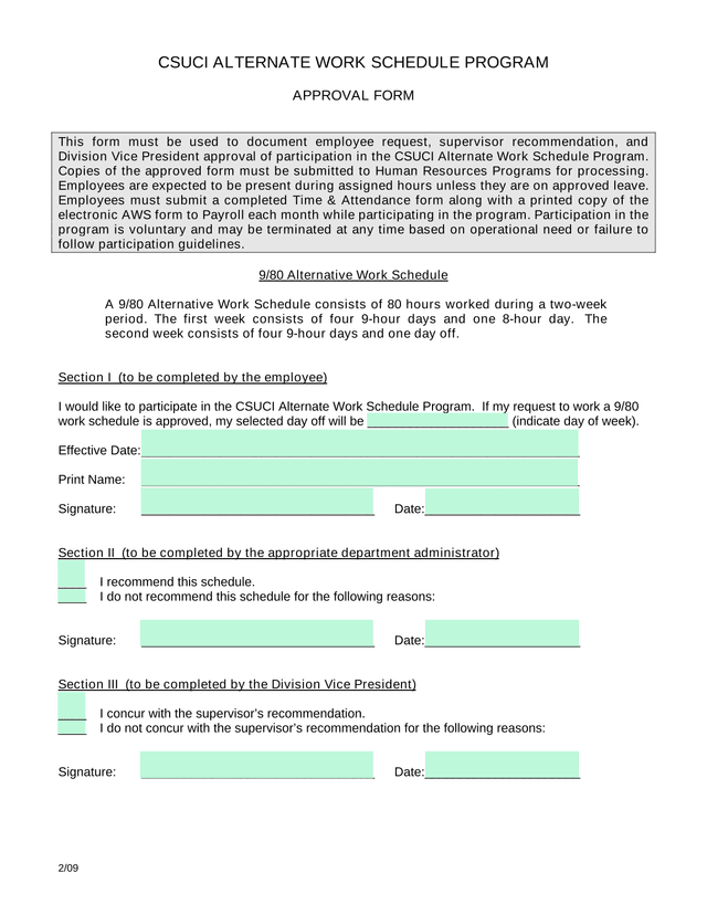 CSUCI ALTERNATE WORK SCHEDULE PROGRAM APPROVAL FORM screenshot