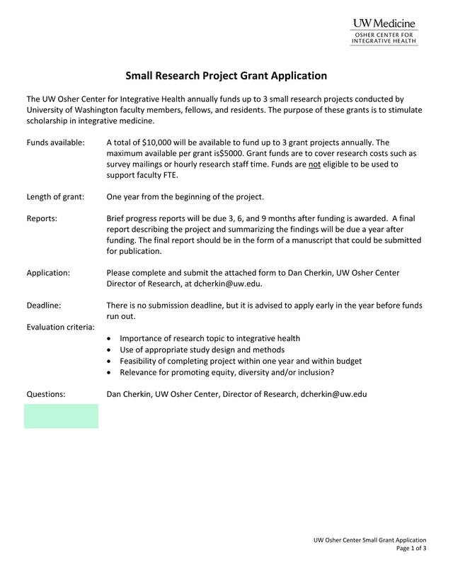 UW Osher Center Small Grant Application screenshot