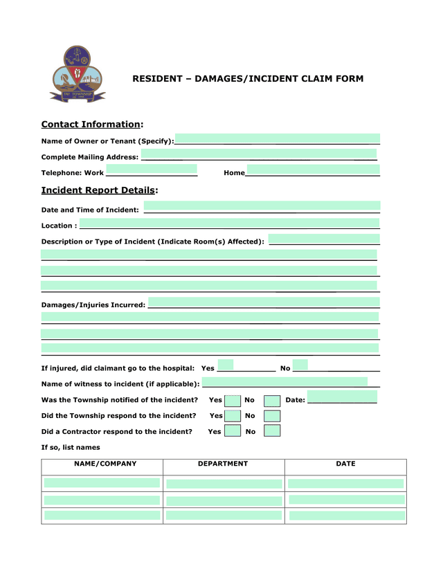 RESIDENT  DAMAGESINCIDENT CLAIM FORM screenshot