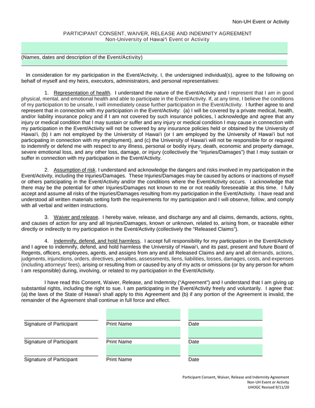 Participant Consent, Waiver, Release And Indemnity Agreement   Non UH Event Or Activity screenshot
