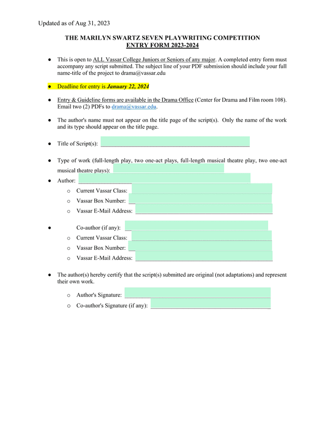 The Marilyn Swartz Seven Playwriting Competition Entry Form 2023 2024 screenshot