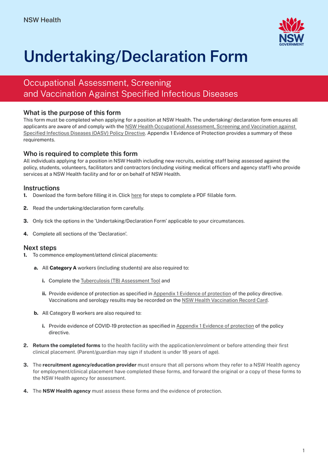 NSW Health UndertakingDeclaration Form screenshot