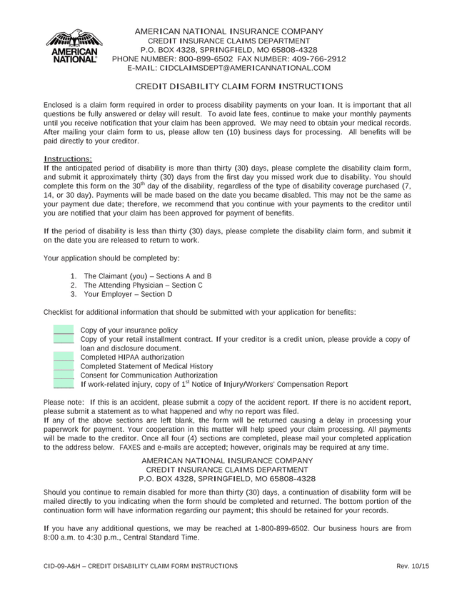 Credit Disability Claim Form screenshot