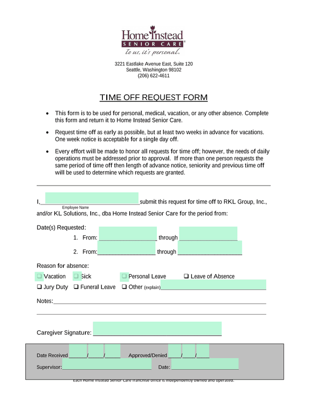 TIME OFF REQUEST FORM screenshot