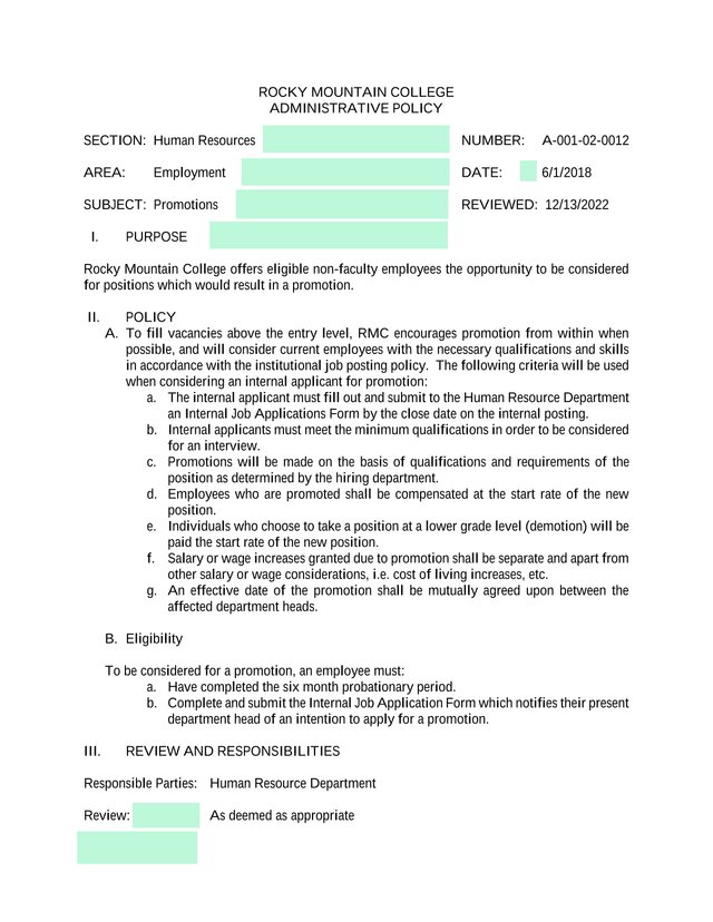 Promotions Administrative Policy screenshot