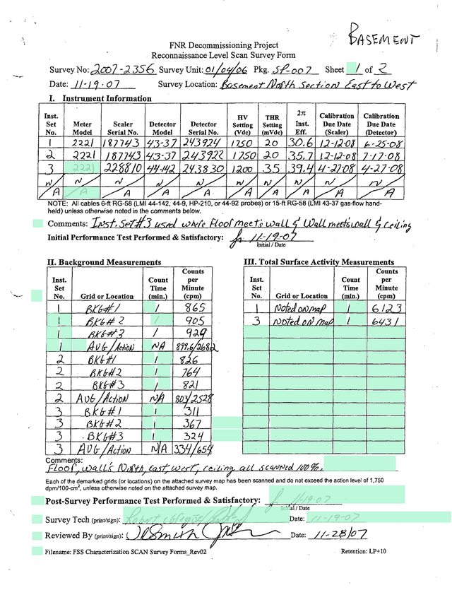 FNR Decommissioning Project Reconnaissance Level Scan Survey Form screenshot